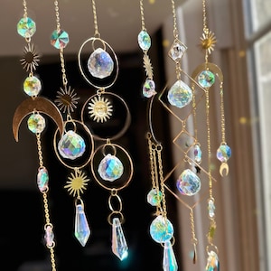 Set of 6 Suncatchers, Crystal Moon Hanging Sun Catchers, Rainbow Maker, Gold Suncatcher Set, Gift for Best Friend