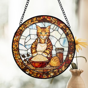 Baking Cat Stained Glass Suncatcher, Whimsical Kitchen Window Art, Cozy Bakery Decor, Cat Lover Gift, Rustic Home Accent