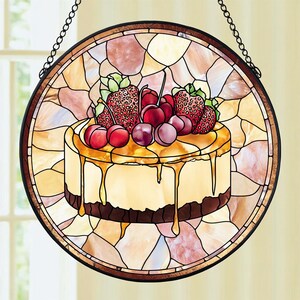 Cheesecake Lover Gift Stained Glass Suncatcher, Baker Birthday Suncatcher, Pastry Chef Job Decor, Foodie Hobby Window Hanging, Kitchen Decor