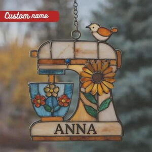 Acrylic Window Hanging Mixer, Faux Stained Glass Kitchen Art, Floral Bird Suncatcher, Home Decor Gift For Bakers And Chefs