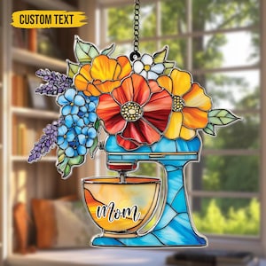 Personalized Stand Mixer Floral Arylic Suncatcher, Baker Window Hanging, Kitchen Decor