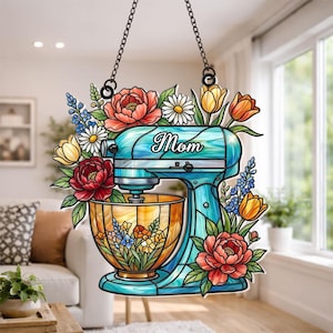Personalized Baking Mixer Suncatcher Mom Gift Floral Acrylic Window Decor
