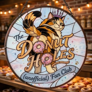 Donut Cat Stained Glass Suncatcher, Whimsical Cat Lover Kitchen Decor