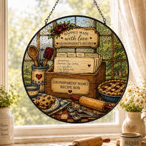 Custom Grandparent Recipe Box Suncatcher,Personalized Family Recipe Window Hanging,Grandma Kitchen Decor,Baking Keepsake Gift