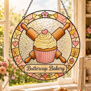 Custom Baker Suncatcher, Personalized Rolling Pin Cupcake Window Hanging, Bakery Kitchen Gift, Light Catching Home Decor