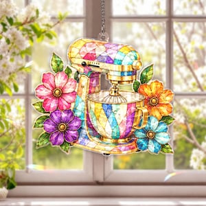 Baking Mixer Acrylic Suncatcher, Colorful Kitchen Window Hanging, Baker Gift, Floral Baking Decor for Kitchen Lover, Bakery Owners Gift Idea