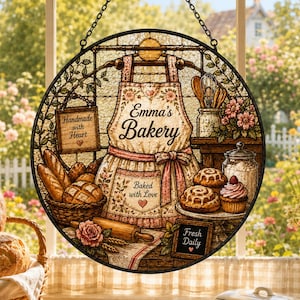 Round Suncatcher Bakery Apron Bread and Pastry Window Decor, Floral Kitchen Sun Catcher for Baking Room, Baker Gift Idea, Bakery Suncatcher