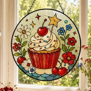 Cherry Cupcake Suncatcher, Floral Kitchen Window Decor, Sweet Bakery Gift, Cottage Kitchen Decor, Dessert Lover Gift, Sweet Treat Decor