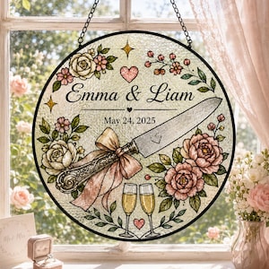 Personalized Wedding Suncatcher, Floral Cake Knife Window Decor, Champagne Toast Bridal Shower Gift, Couple Keepsake Decor, Couple Keepsake
