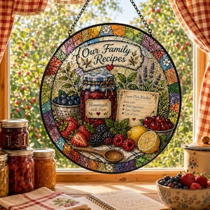 Family Recipes Suncatcher, Fruit Jam Kitchen Window Decor, Homemade Baking Gift, Farmhouse Kitchen Decor, Family Recipes, Jam Jar Decor