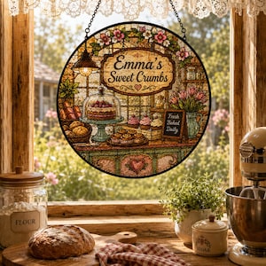 Round Suncatcher Bakery Shop Window Decor, Emma's Sweet Crumbs Cake Bread Cupcake Floral Sun Catcher, Baker Gift Kitchen Decor, Baker Gift