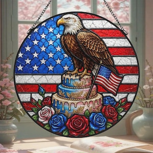 July 4th, US Independence Day Commemoration: Suncatcher, 250th Anniversary, Eagle Cake American Flag Red, White, and Blue Decorative Gift