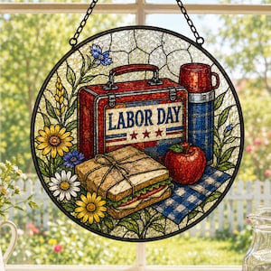 Labor Day Picnic Suncatcher, Patriotic Lunch Window Decor, Summer Holiday Gift, Kitchen Breakfast Nook Decor, Labor Day Decor